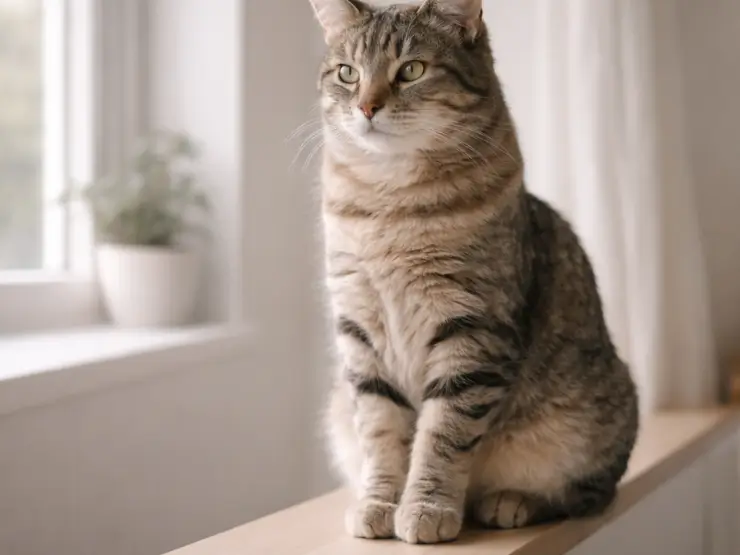 Een gestreepte kat kijkt vanuit een lichte kamer naar buiten