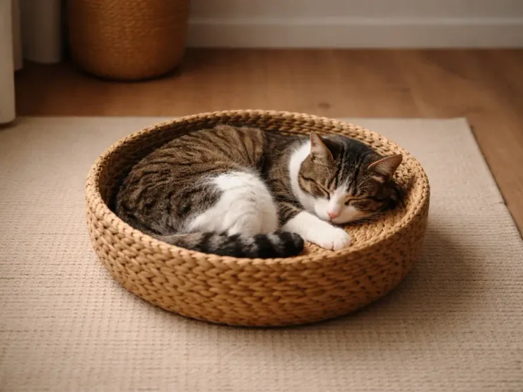 Een kat ligt in een vertrouwde mand
