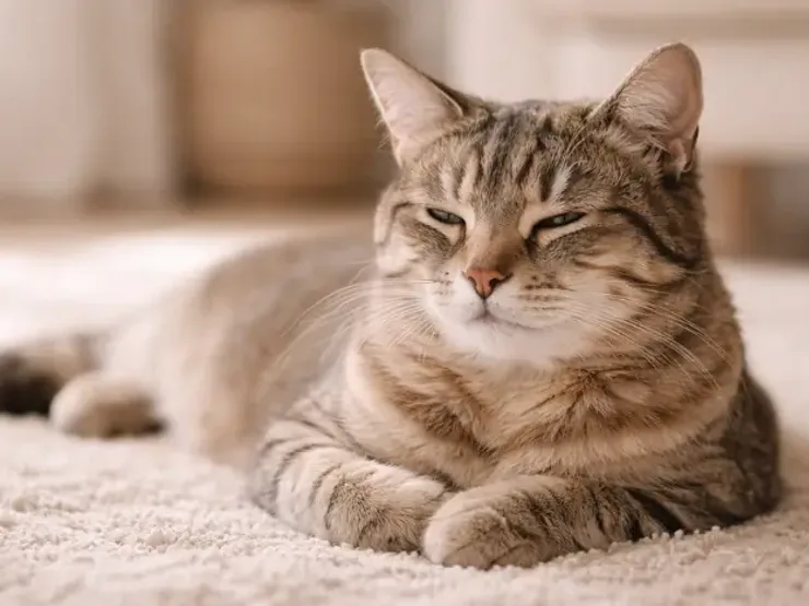 Een kat rust op een zacht vloerkleed